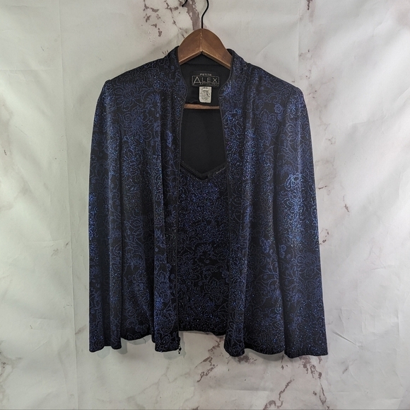 Alex Evenings Jacket Tank Set Womens Small P Blue Sparkle Shimmer Metallic Zip - Picture 1 of 14